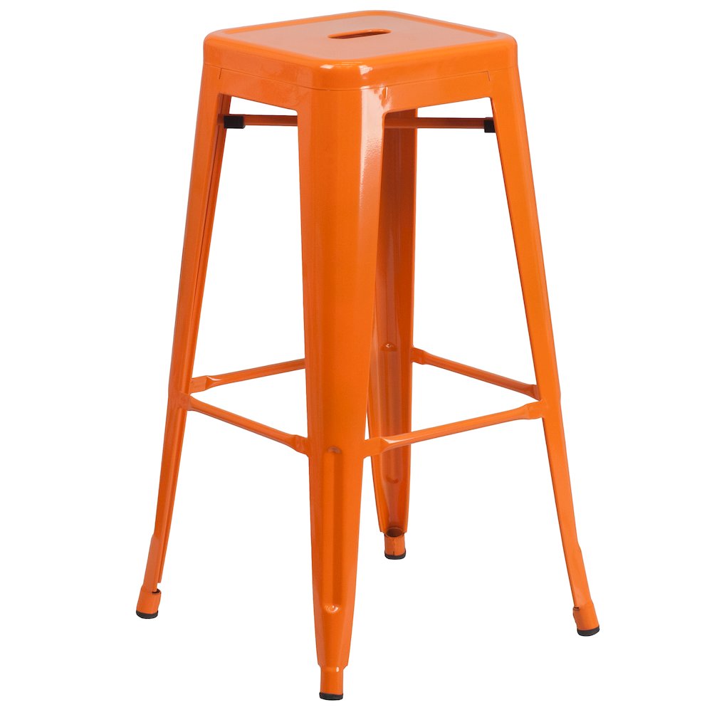 30" High Backless Orange Metal Indoor-Outdoor Barstool with Square Seat. Picture 1