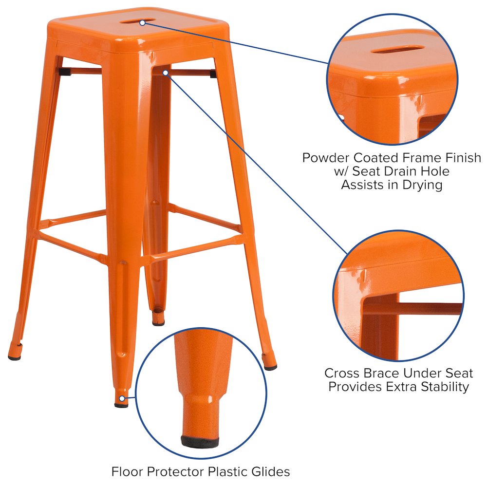 30" High Backless Orange Metal Indoor-Outdoor Barstool with Square Seat. Picture 5