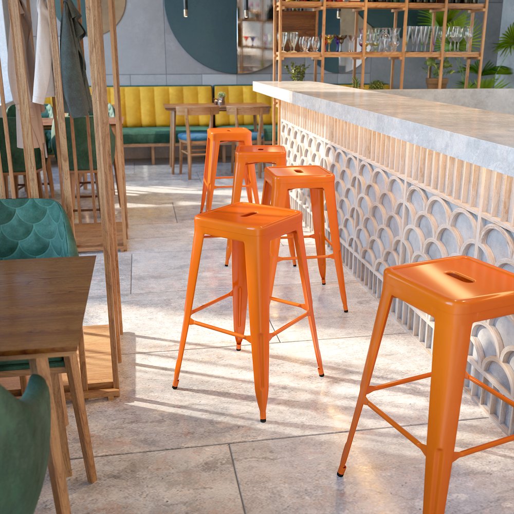 30" High Backless Orange Metal Indoor-Outdoor Barstool with Square Seat. Picture 2