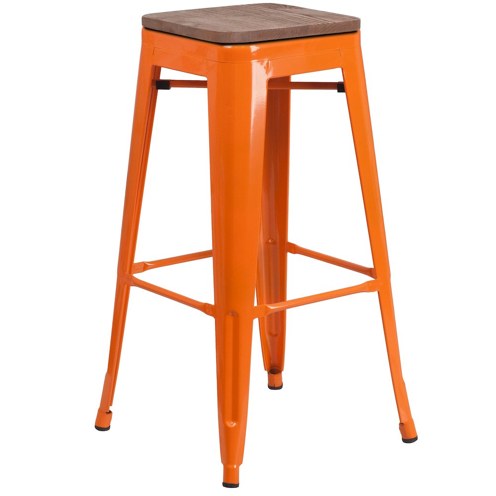 30" High Backless Orange Metal Barstool with Square Wood Seat. Picture 1