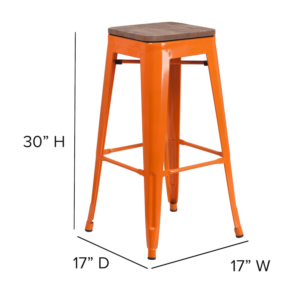 30" High Backless Orange Metal Barstool with Square Wood Seat. Picture 6