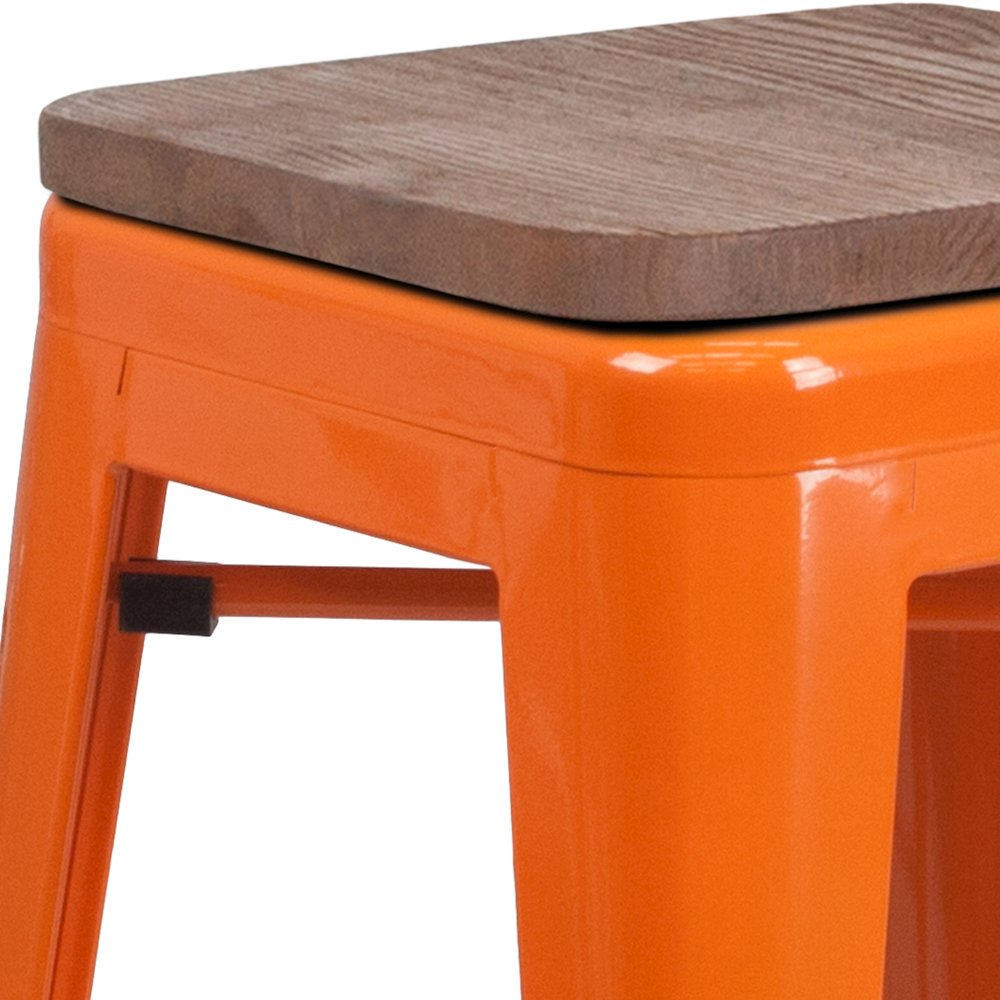 30" High Backless Orange Metal Barstool with Square Wood Seat. Picture 4