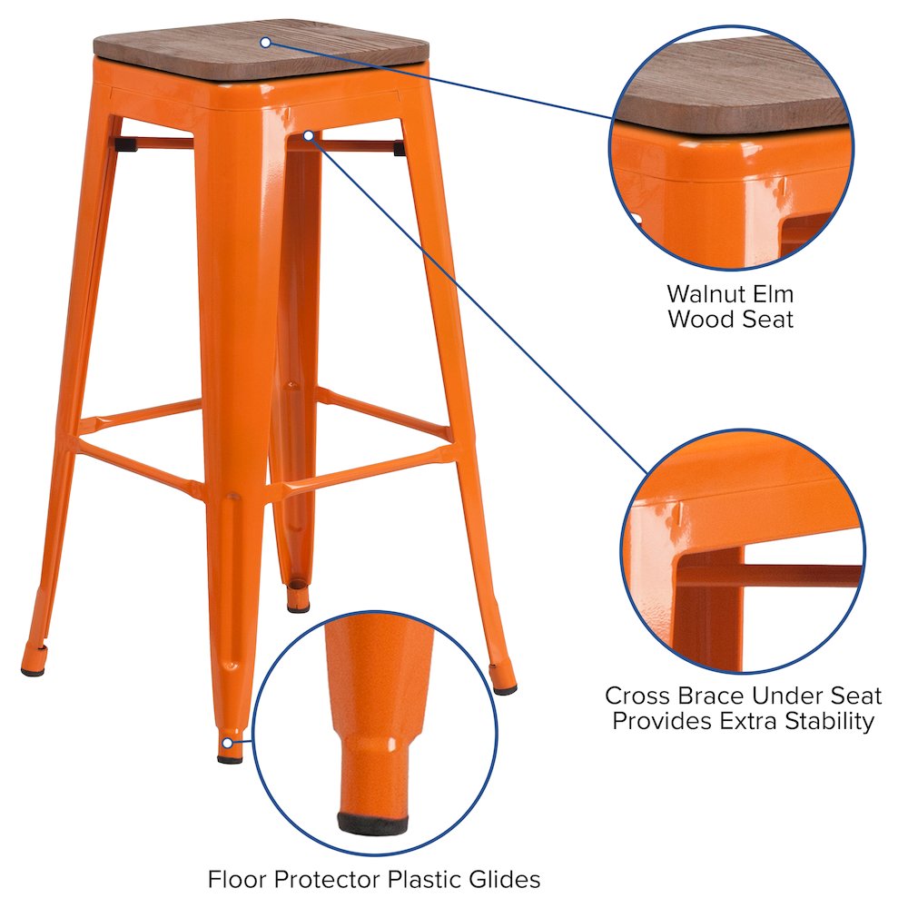 30" High Backless Orange Metal Barstool with Square Wood Seat. Picture 5