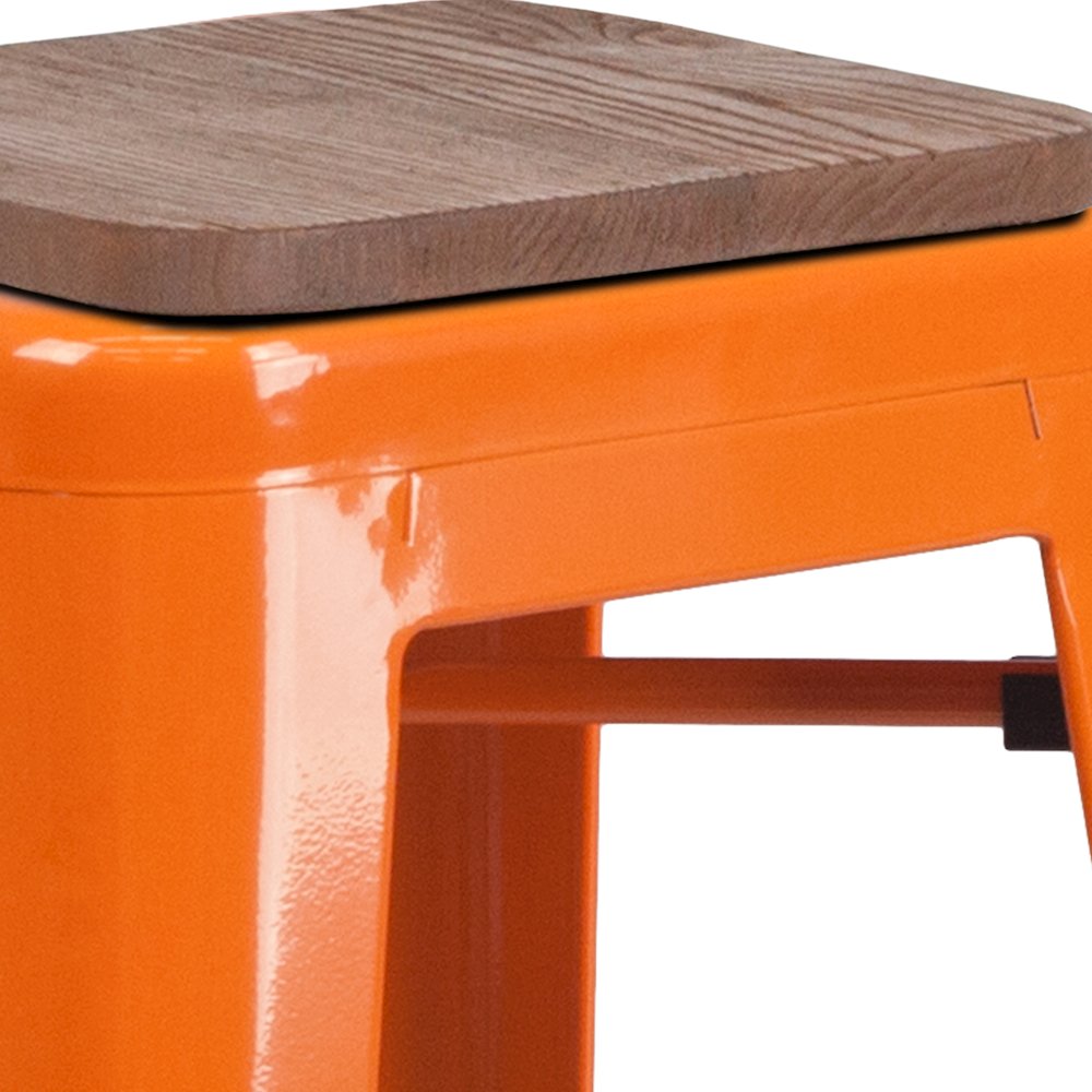 30" High Backless Orange Metal Barstool with Square Wood Seat. Picture 9