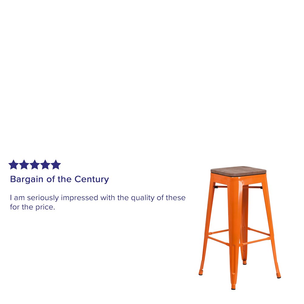 30" High Backless Orange Metal Barstool with Square Wood Seat. Picture 4