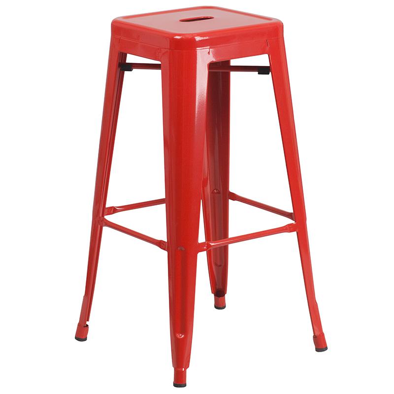 30" High Backless Red Metal Indoor-Outdoor Barstool with Square Seat. Picture 2