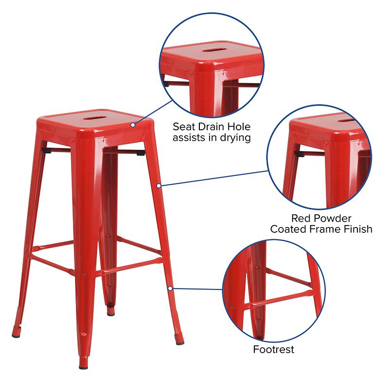 30" High Backless Red Metal Indoor-Outdoor Barstool with Square Seat. Picture 5