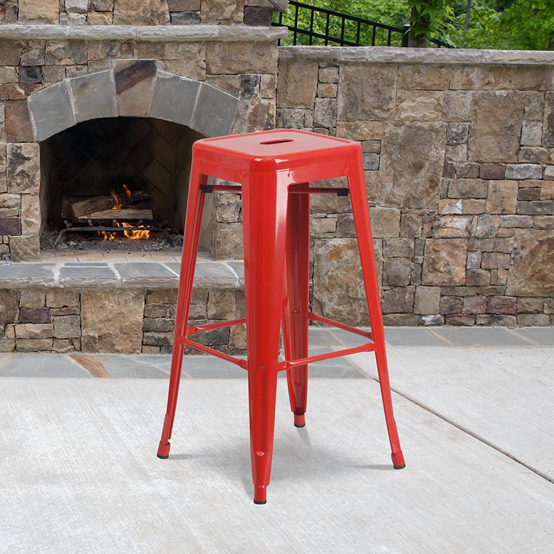 30" High Backless Red Metal Indoor-Outdoor Barstool with Square Seat. Picture 1