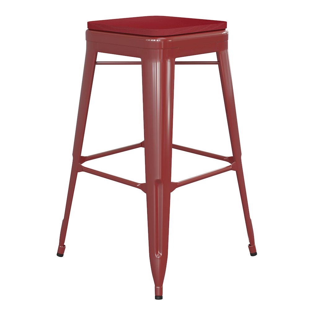 30" High Red Metal Indoor-Outdoor Barstool with Red Poly Resin Wood Seat. Picture 1