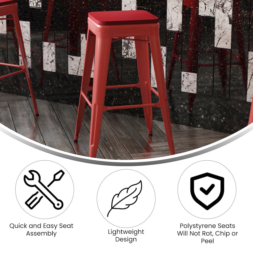 30" High Red Metal Indoor-Outdoor Barstool with Red Poly Resin Wood Seat. Picture 4