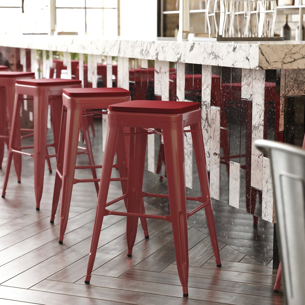 30" High Red Metal Indoor-Outdoor Barstool with Red Poly Resin Wood Seat. Picture 2