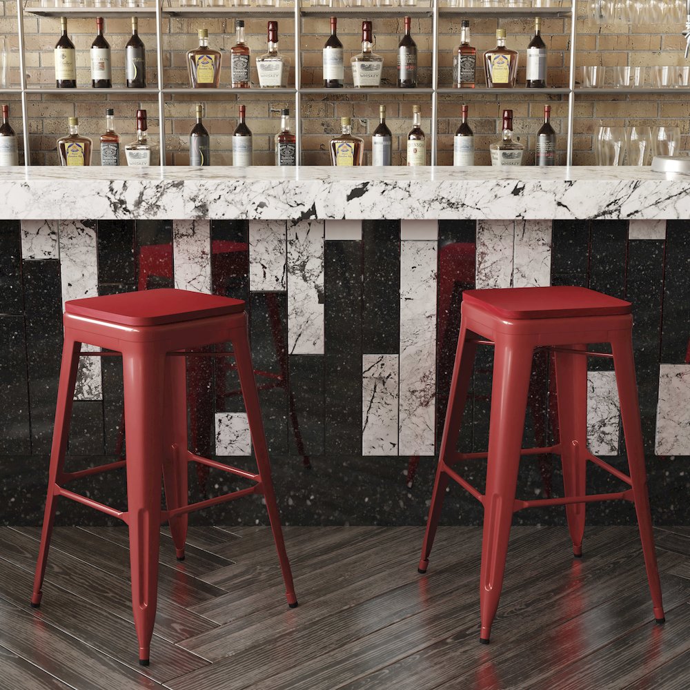 30" High Red Metal Indoor-Outdoor Barstool with Red Poly Resin Wood Seat. Picture 7