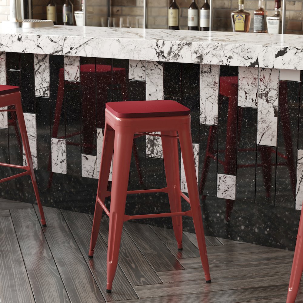 30" High Red Metal Indoor-Outdoor Barstool with Red Poly Resin Wood Seat. Picture 8