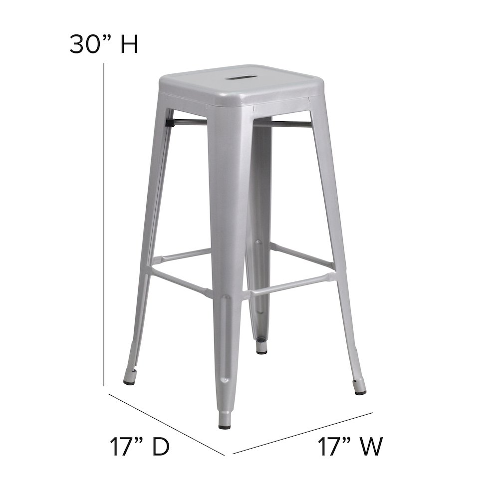 30" High Backless Silver Metal Indoor-Outdoor Barstool with Square Seat. Picture 6