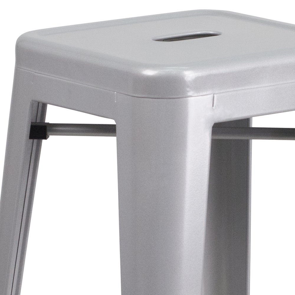 30" High Backless Silver Metal Indoor-Outdoor Barstool with Square Seat. Picture 9