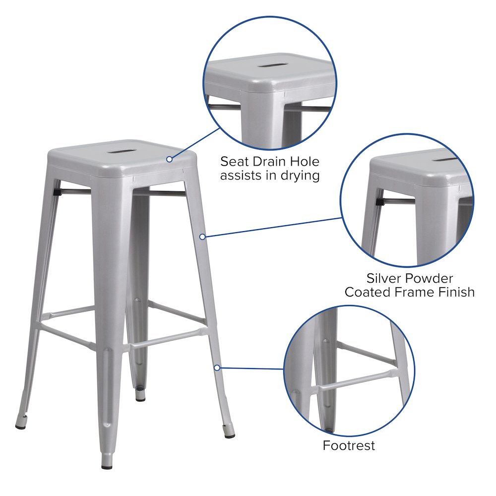 30" High Backless Silver Metal Indoor-Outdoor Barstool with Square Seat. Picture 5