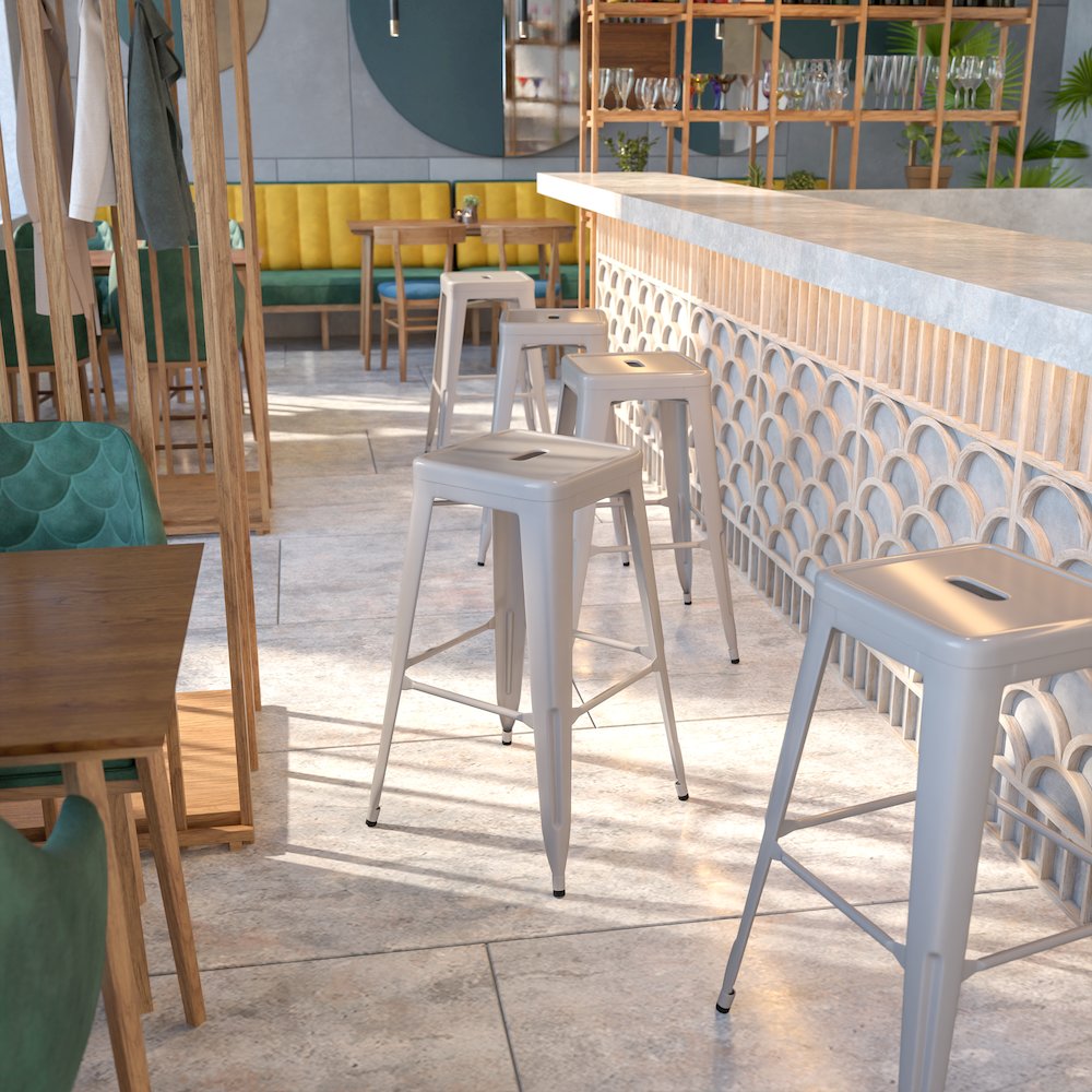 30" High Backless Silver Metal Indoor-Outdoor Barstool with Square Seat. Picture 2