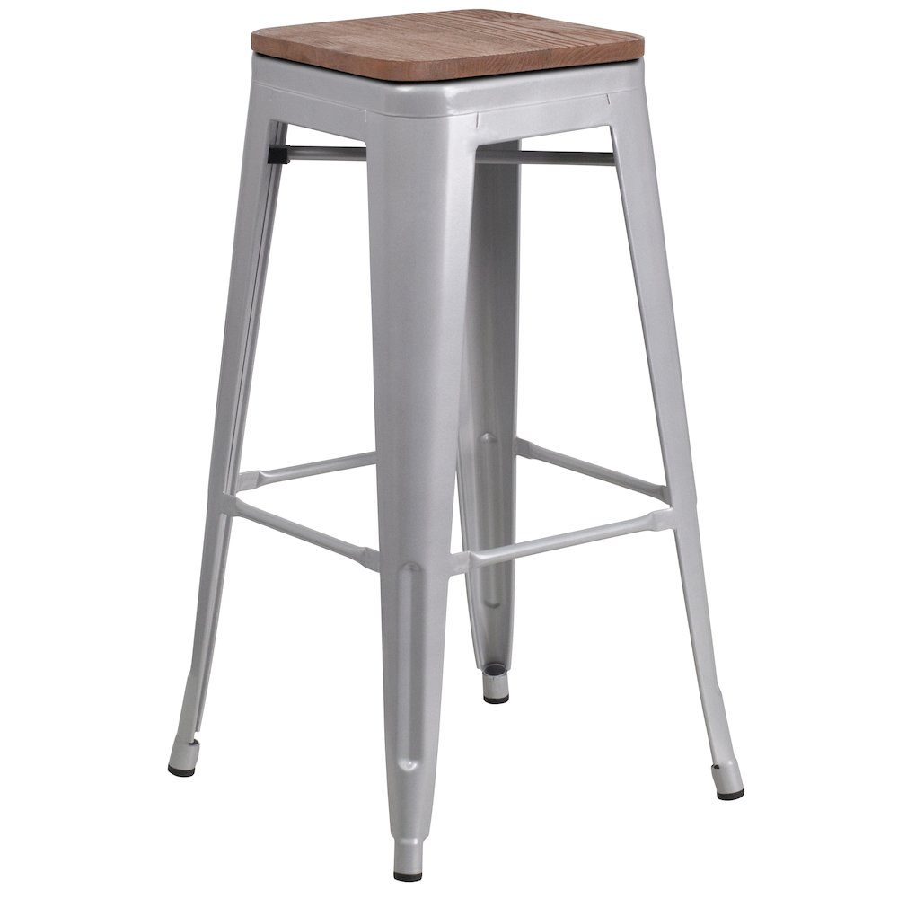 30" High Backless Silver Metal Barstool with Square Wood Seat. Picture 1