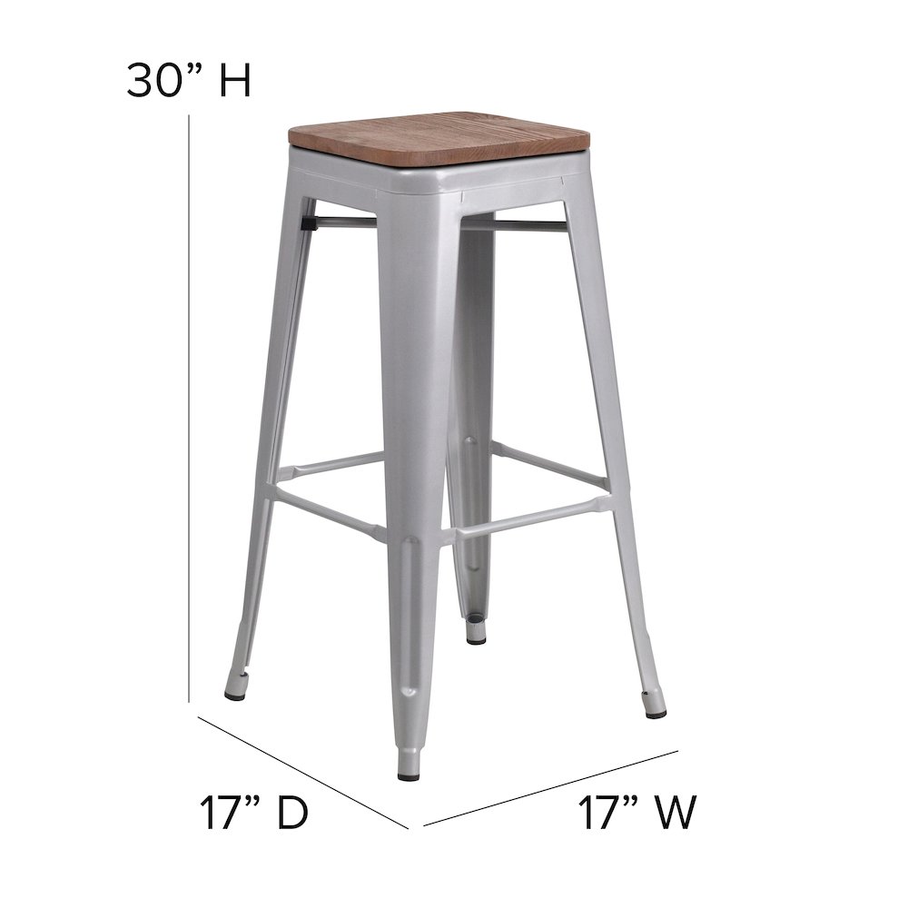 30" High Backless Silver Metal Barstool with Square Wood Seat. Picture 6