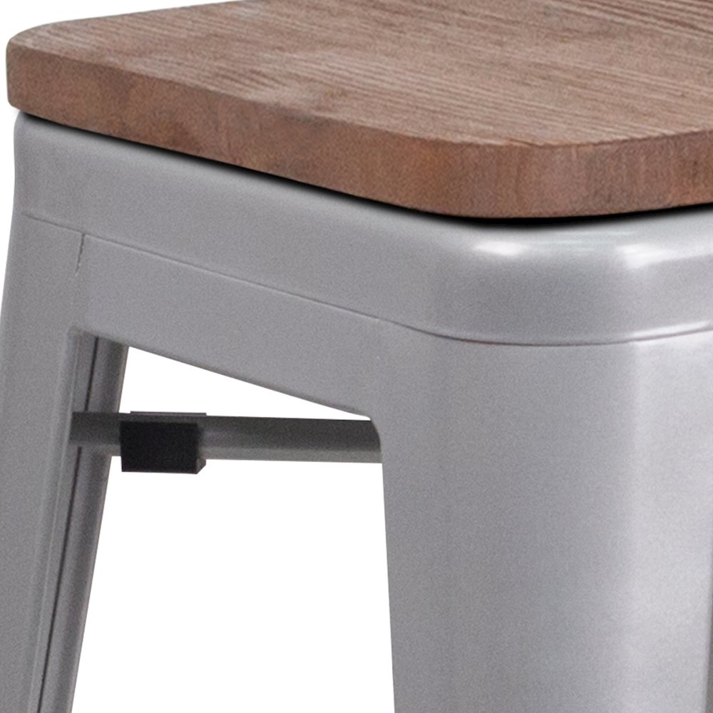 30" High Backless Silver Metal Barstool with Square Wood Seat. Picture 12