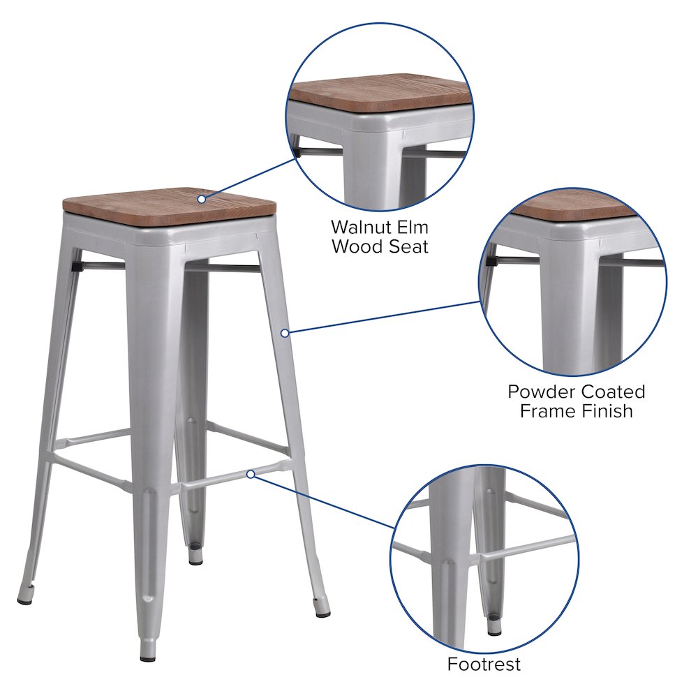 30" High Backless Silver Metal Barstool with Square Wood Seat. Picture 5