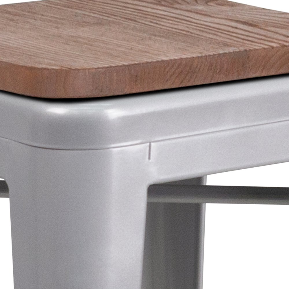 30" High Backless Silver Metal Barstool with Square Wood Seat. Picture 8