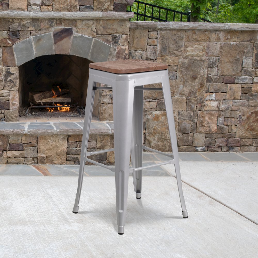 30" High Backless Silver Metal Barstool with Square Wood Seat. Picture 2