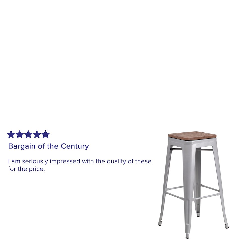 30" High Backless Silver Metal Barstool with Square Wood Seat. Picture 4