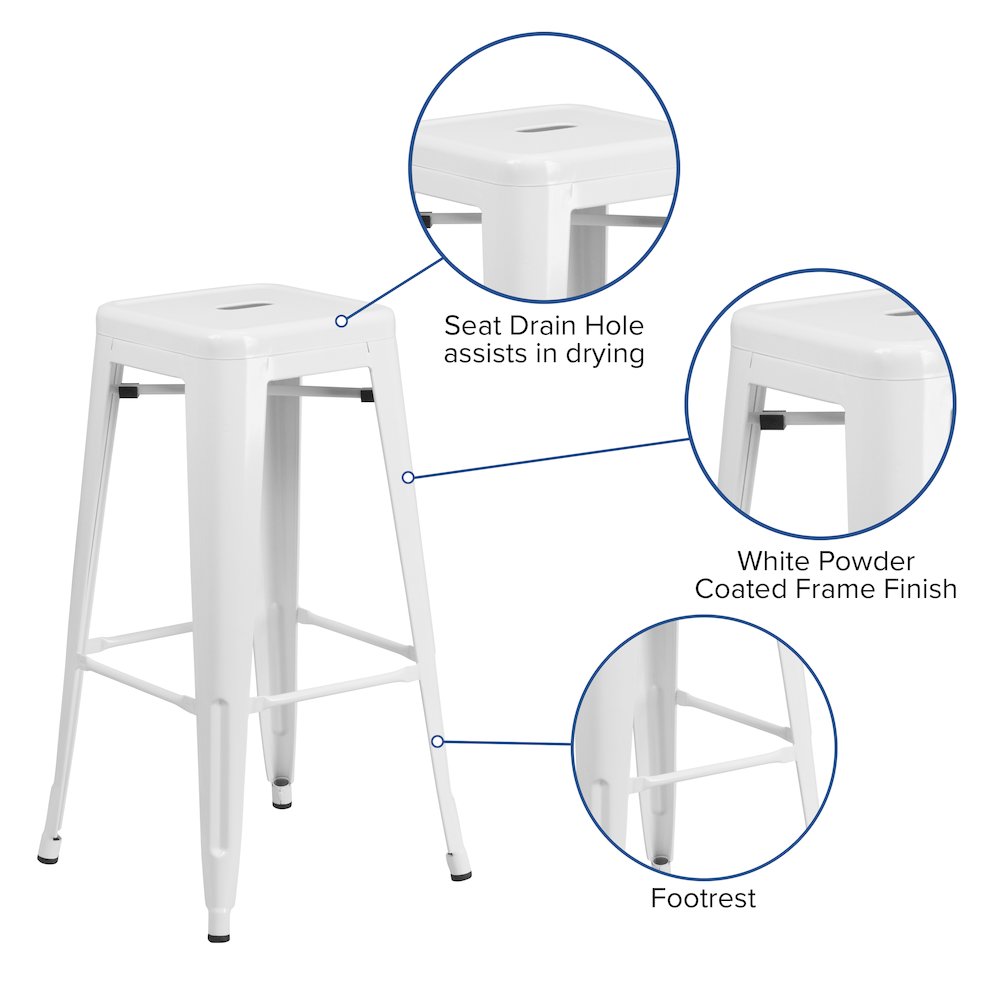 30" High Backless White Metal Indoor-Outdoor Barstool with Square Seat. Picture 5