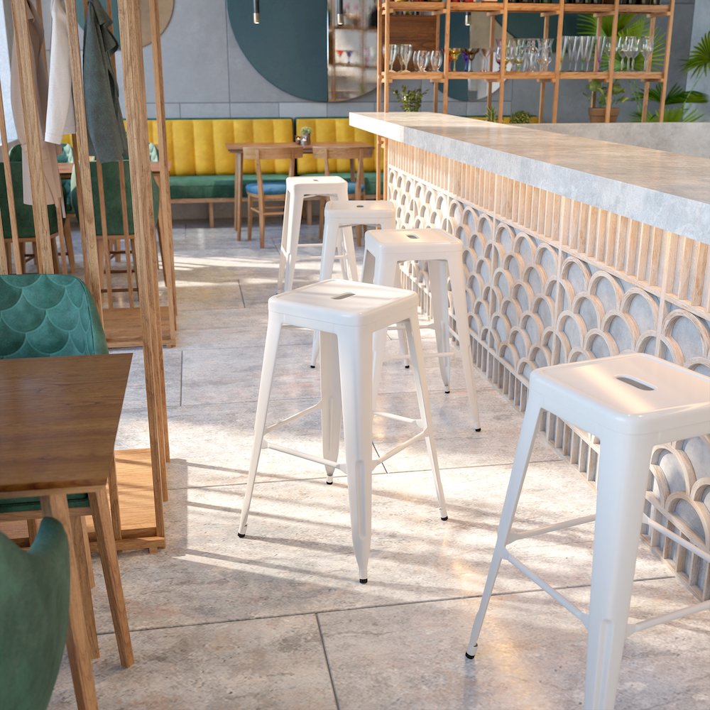 30" High Backless White Metal Indoor-Outdoor Barstool with Square Seat. Picture 2
