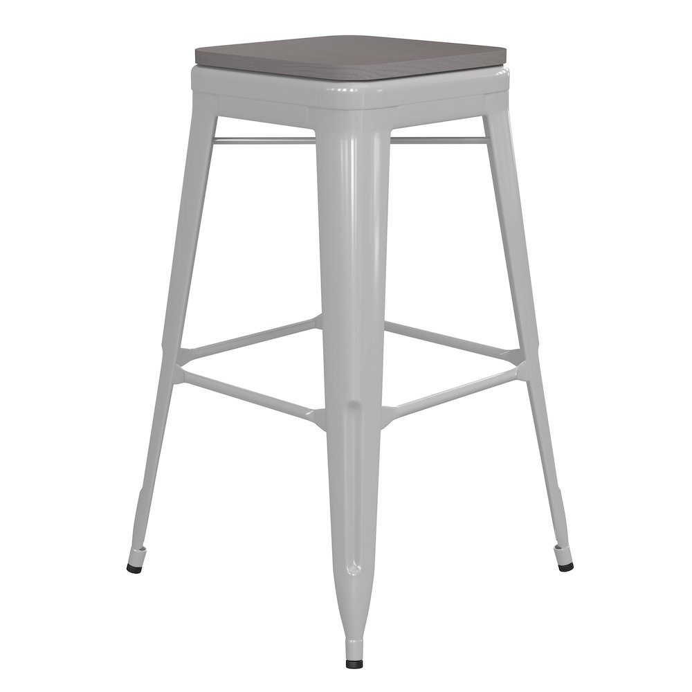 30" High White Metal Indoor-Outdoor Barstool with Gray Poly Resin Wood Seat. Picture 1