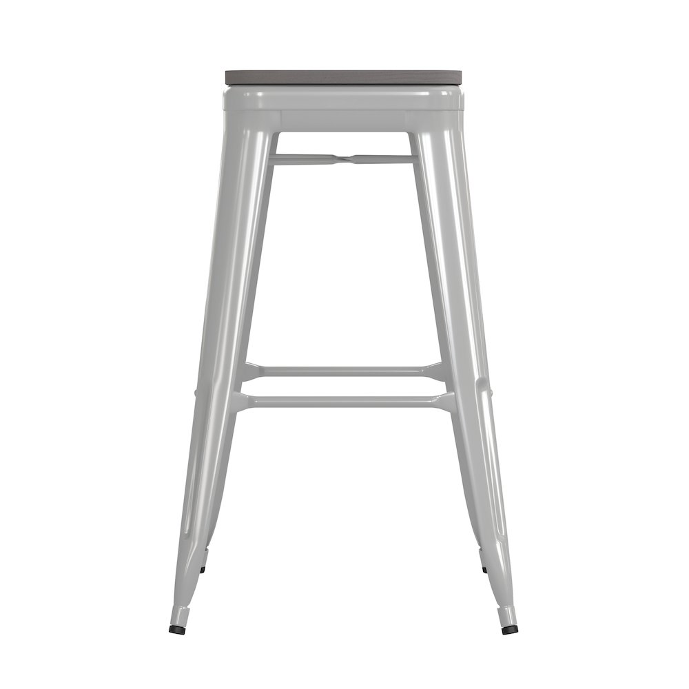 30" High White Metal Indoor-Outdoor Barstool with Gray Poly Resin Wood Seat. Picture 10