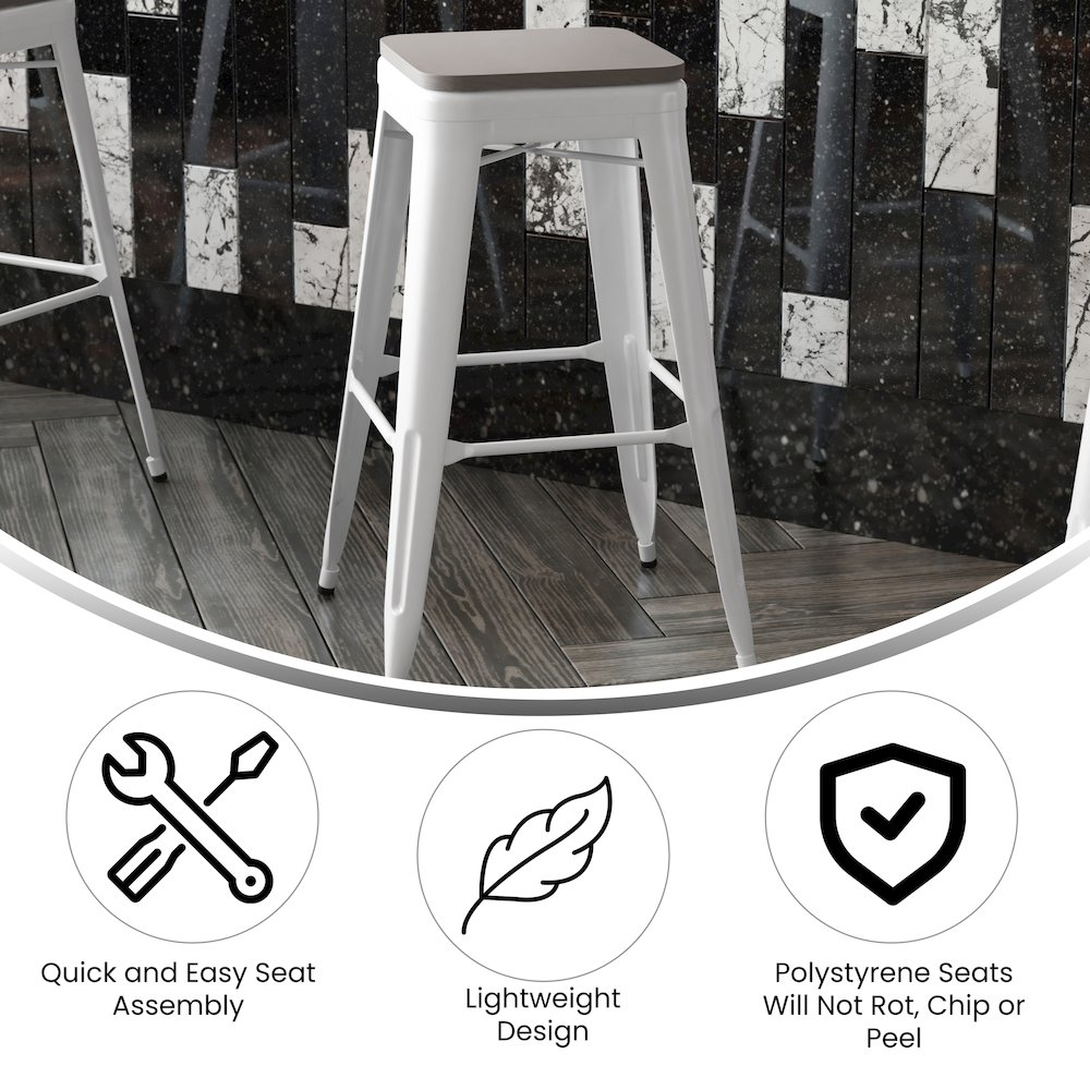 30" High White Metal Indoor-Outdoor Barstool with Gray Poly Resin Wood Seat. Picture 4