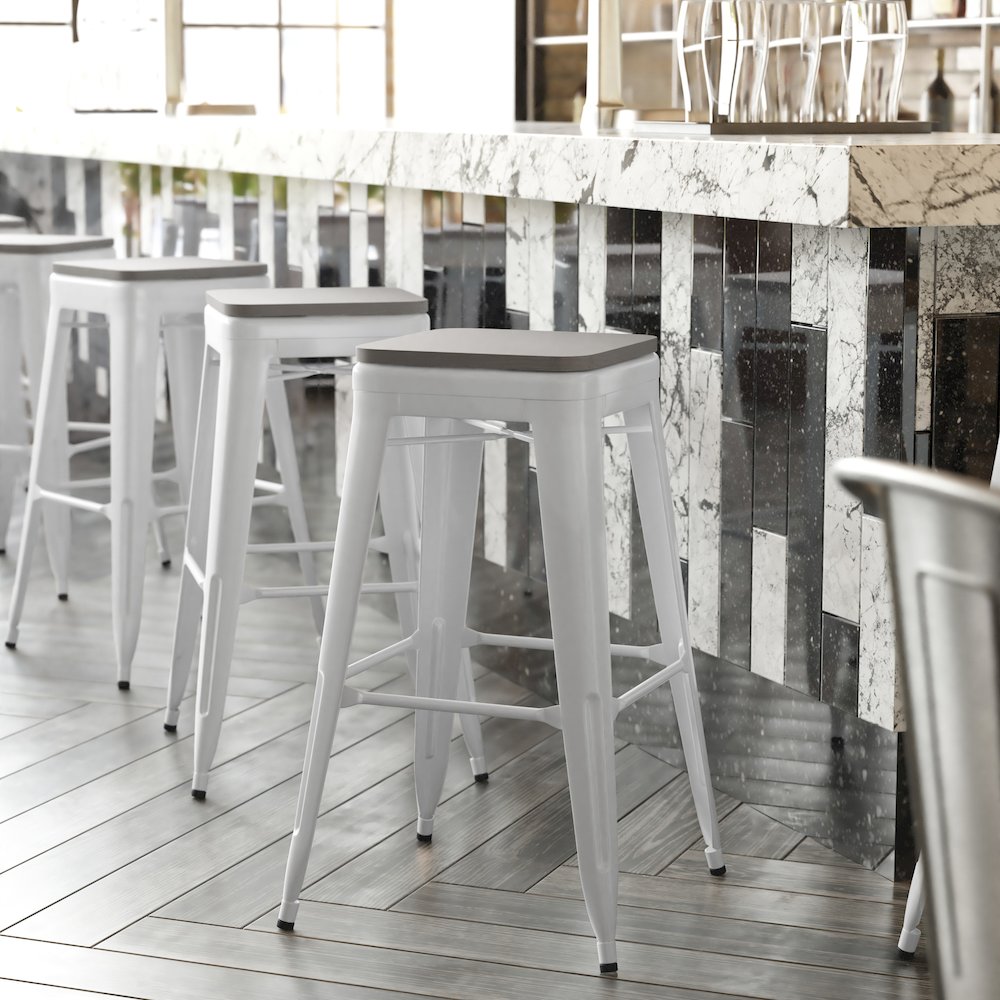 30" High White Metal Indoor-Outdoor Barstool with Gray Poly Resin Wood Seat. Picture 2