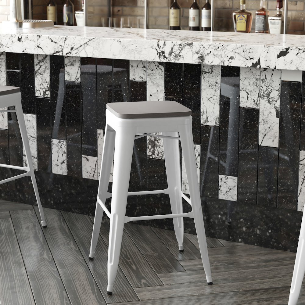 30" High White Metal Indoor-Outdoor Barstool with Gray Poly Resin Wood Seat. Picture 8
