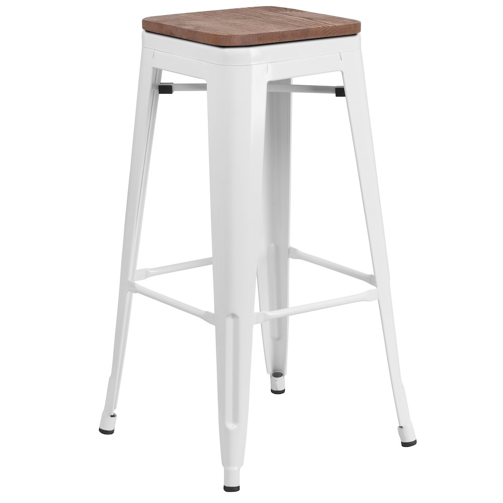 30" High Backless White Metal Barstool with Square Wood Seat. Picture 1