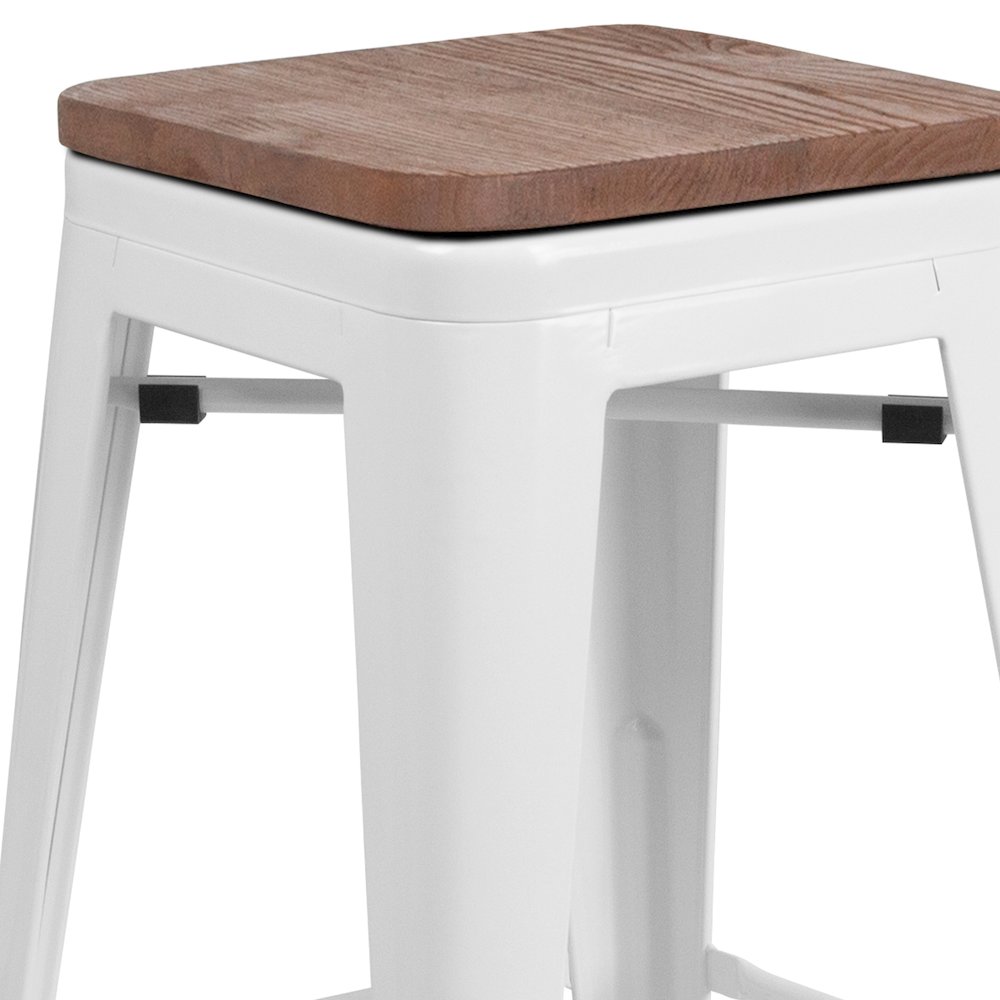 30" High Backless White Metal Barstool with Square Wood Seat. Picture 3