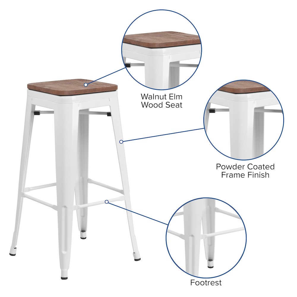 30" High Backless White Metal Barstool with Square Wood Seat. Picture 5