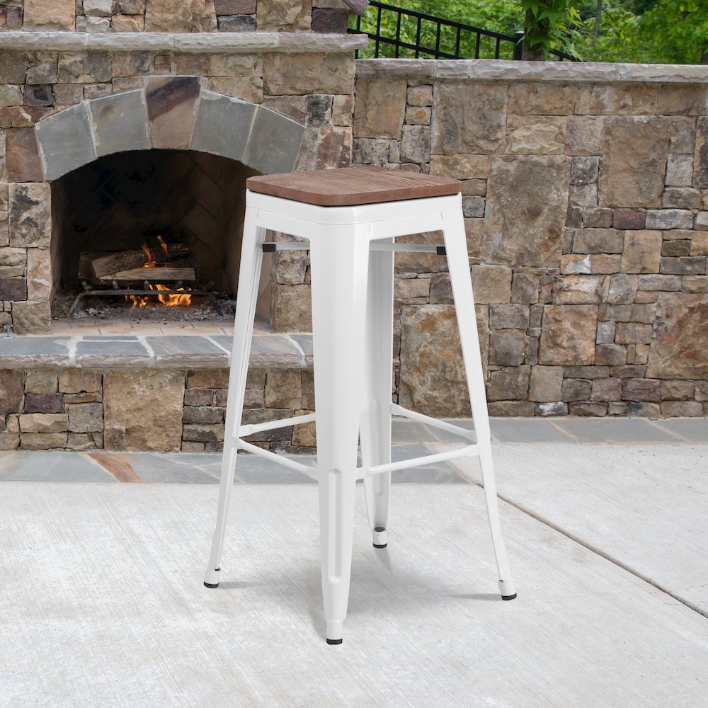30" High Backless White Metal Barstool with Square Wood Seat. Picture 6