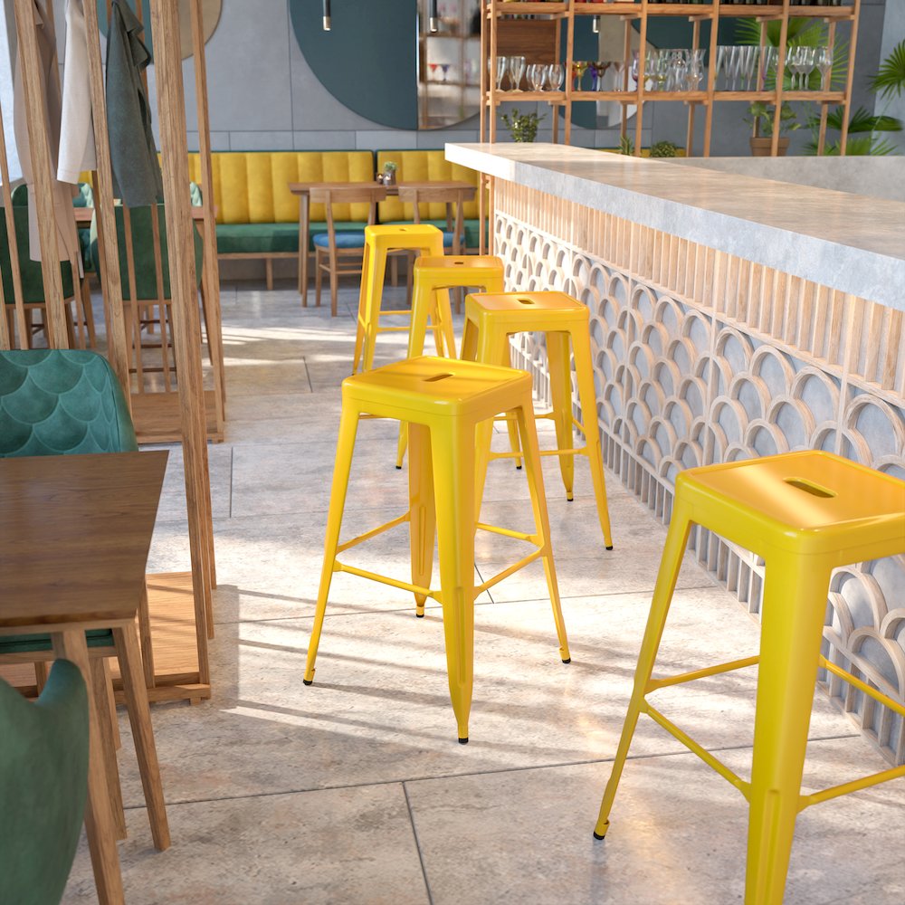 Commercial Grade 30" High Backless Yellow Metal Indoor-Outdoor Barstool with Square Seat. Picture 5