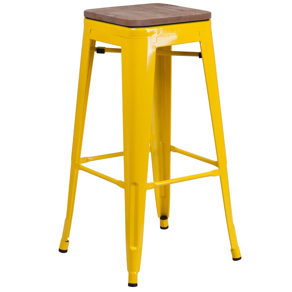 30" High Backless Yellow Metal Barstool with Square Wood Seat. Picture 1