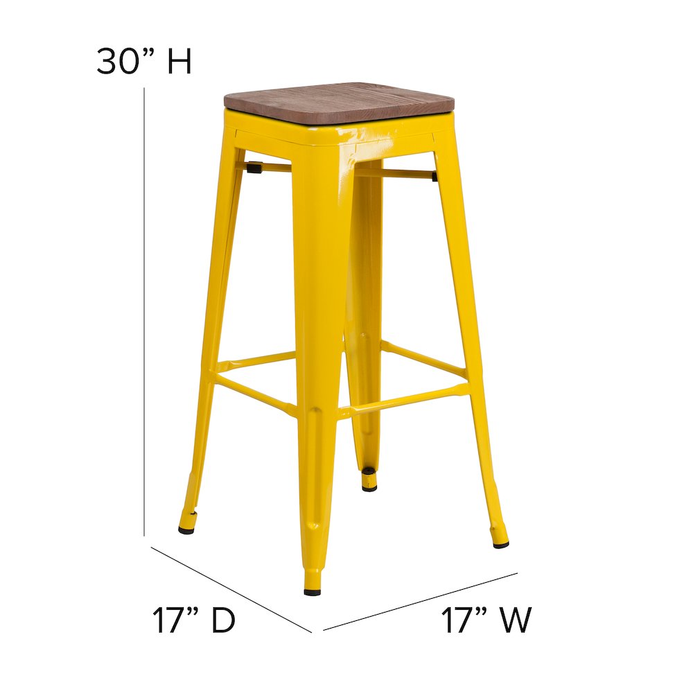 30" High Backless Yellow Metal Barstool with Square Wood Seat. Picture 6