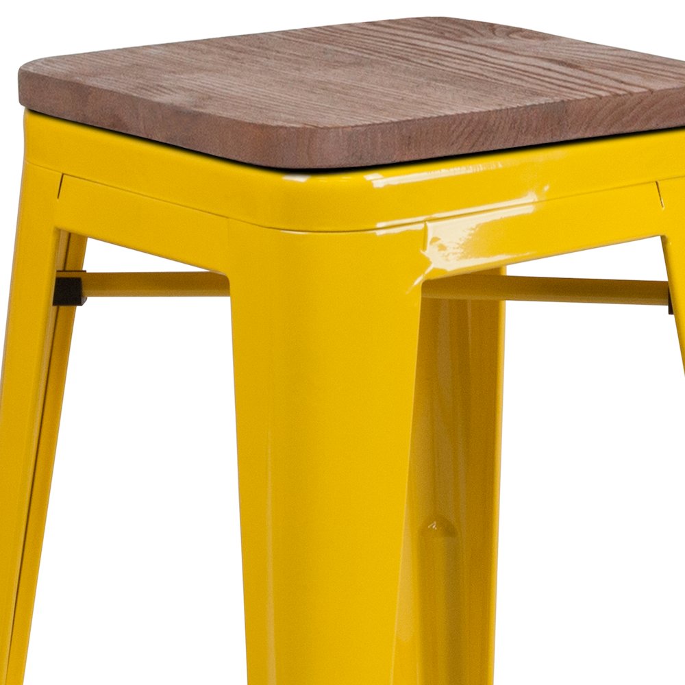 30" High Backless Yellow Metal Barstool with Square Wood Seat. Picture 10