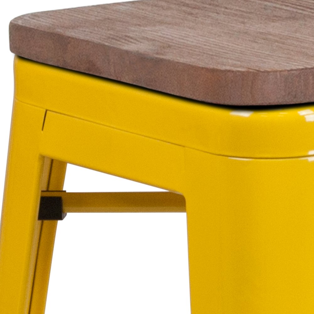 30" High Backless Yellow Metal Barstool with Square Wood Seat. Picture 12