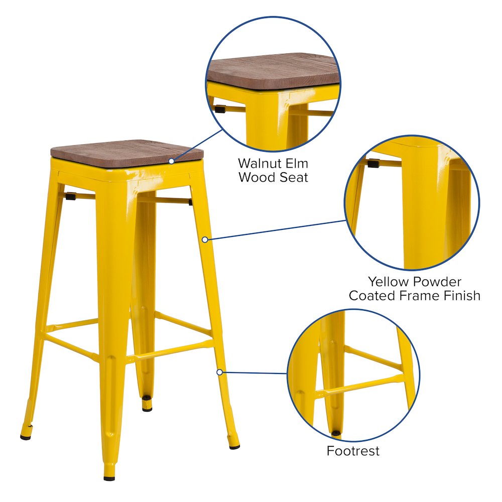 30" High Backless Yellow Metal Barstool with Square Wood Seat. Picture 5