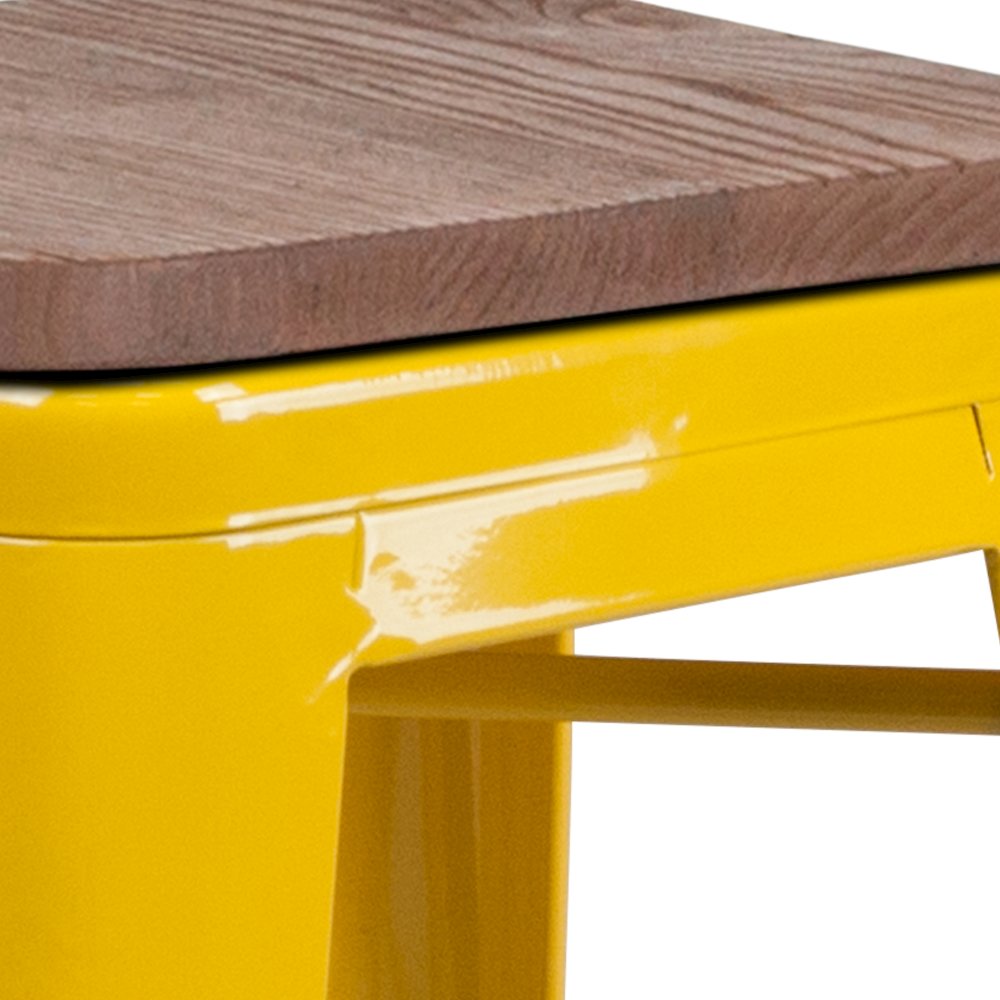 30" High Backless Yellow Metal Barstool with Square Wood Seat. Picture 7