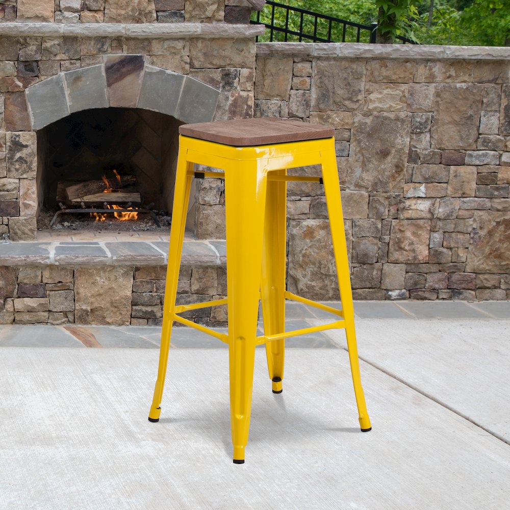 30" High Backless Yellow Metal Barstool with Square Wood Seat. Picture 2