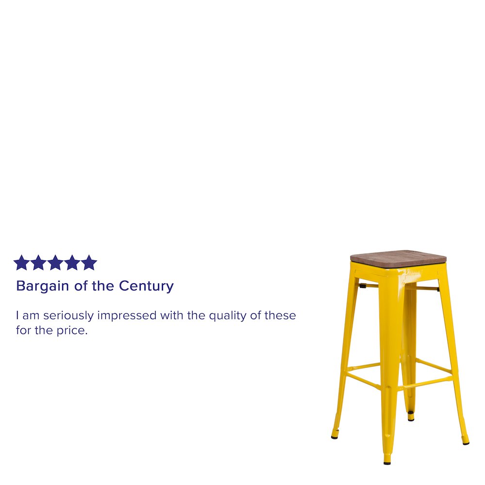 30" High Backless Yellow Metal Barstool with Square Wood Seat. Picture 4