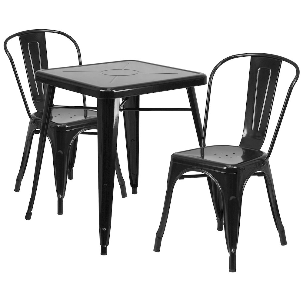 Commercial Grade 23.75" Square Black Metal Indoor-Outdoor Table Set with 2 Stack Chairs. Picture 1