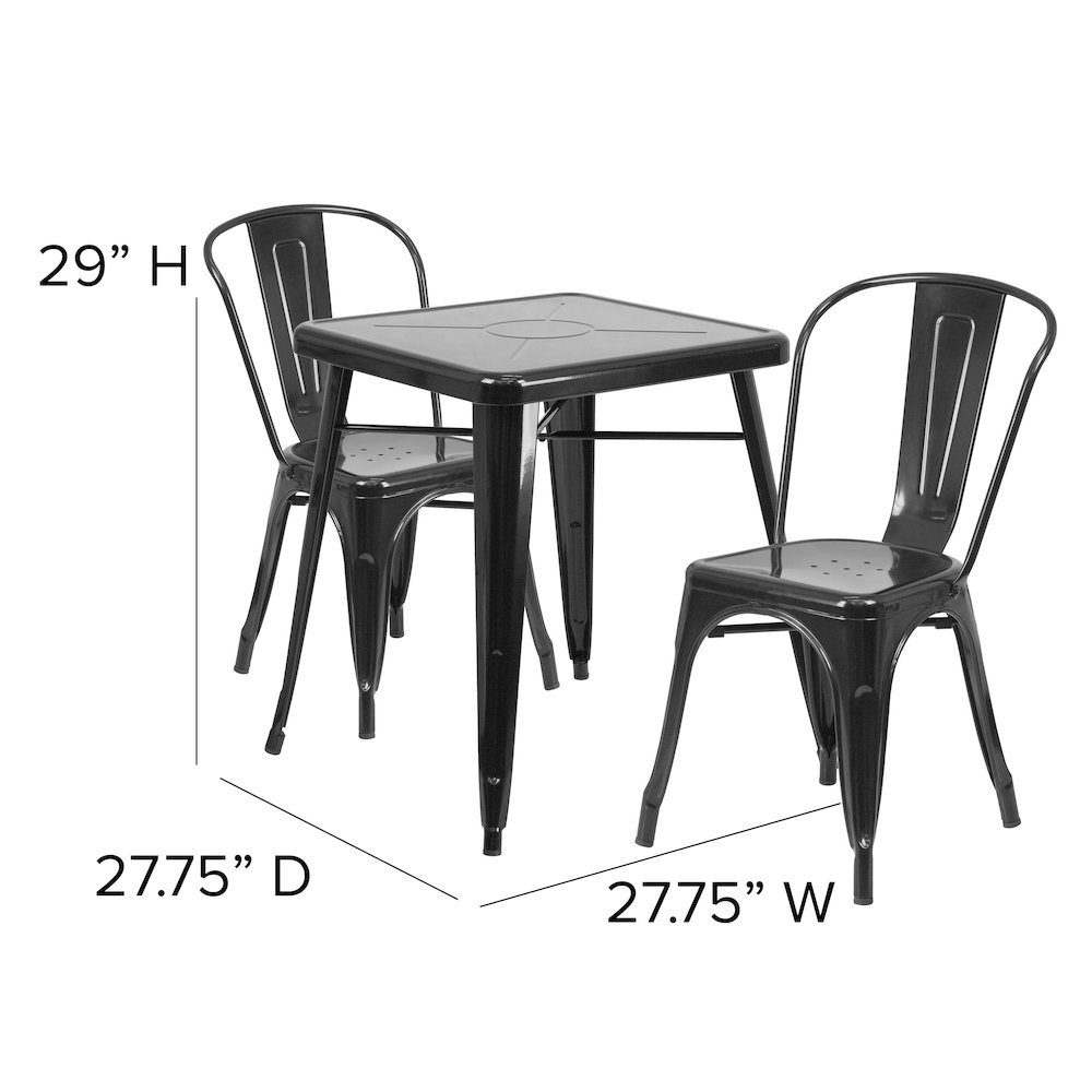 Commercial Grade 23.75" Square Black Metal Indoor-Outdoor Table Set with 2 Stack Chairs. Picture 2